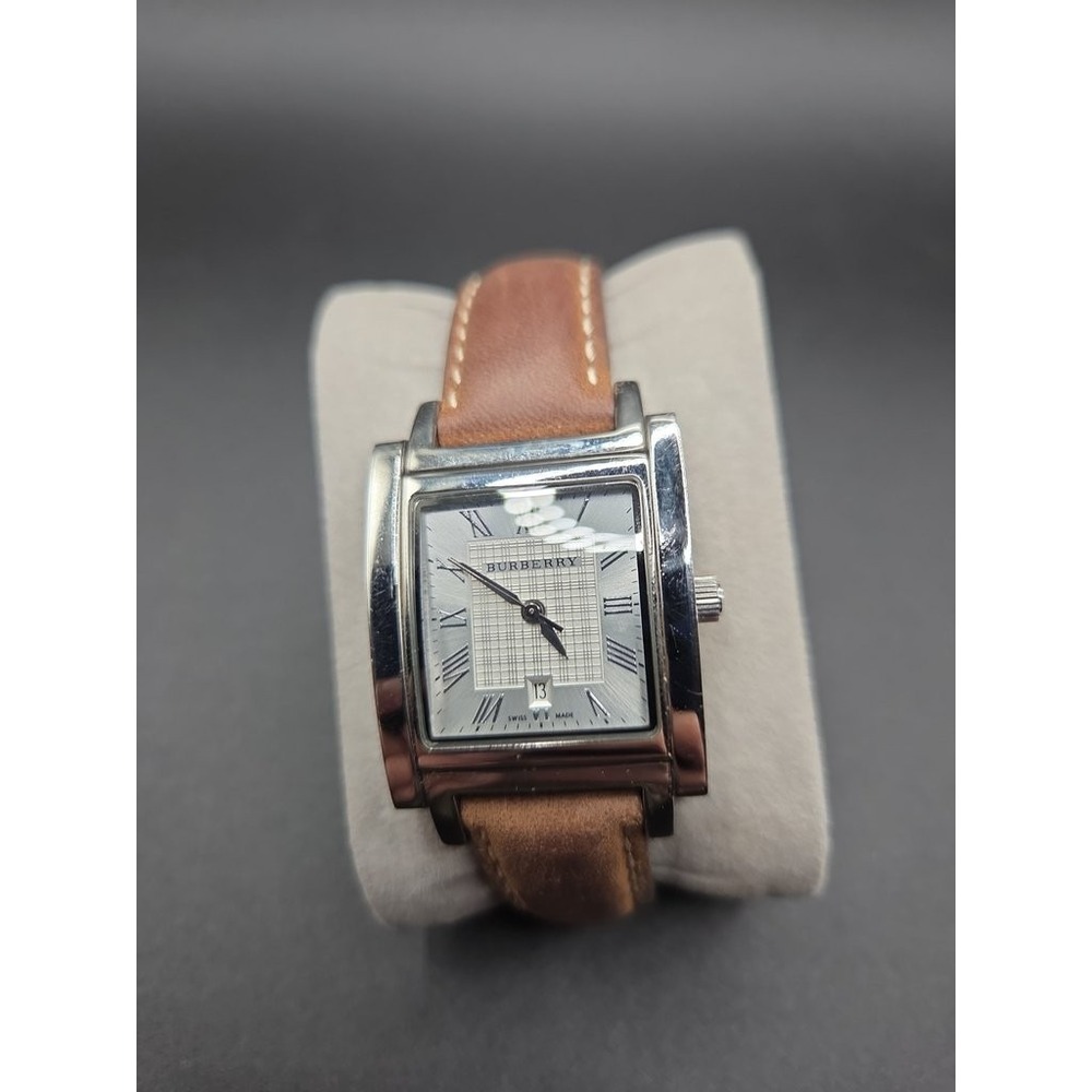 Burberry BU1550 Heritage Tank Watch Silver Dial Brown Leather Strap Swiss Made